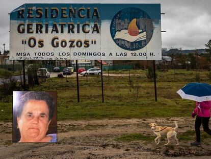 Entrada al geriátrico de Pereiro de Aguiar. Abajo a la izquierda, Rogelia Blanco.