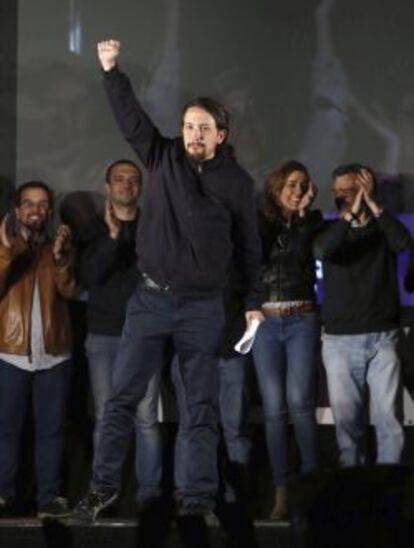 El dirigente de Podemos, Pablo Iglesias, festeja en Madrid los resultados en las elecciones. EFE