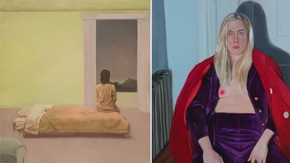A la izquierda, 'Mujer sentada en la cama' (1978), obra de Isabel Baquedano en el Museo de Navarra, y 'What Am I Doing Here? I Should Ask You the Same', de la estadounidense Jenna Gribbon.