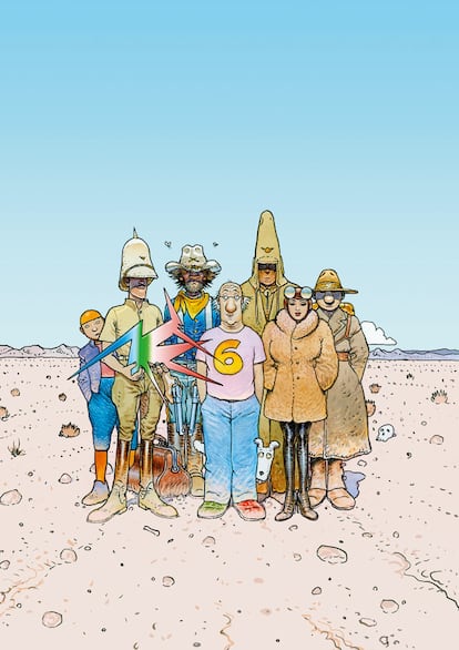 Moebius, en el dibujo creado para la portada de Inside Moebius volumen 6, con algunos de los personajes que han alimentado su carrera.