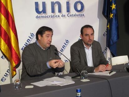 Josep Maria Pelegrí y Ramon Espadaler, ayer, tras el Consejo Nacional de Unió.