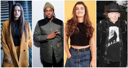 Los cantantes Rosalía, Pusha T, Amaia Romero y Neil Young.