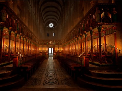 Recreación elaborada por KosmoTech 1200 del aspecto del desaparecido coro pétreo de la Catedral de Santiago con su iluminación en penumbra.