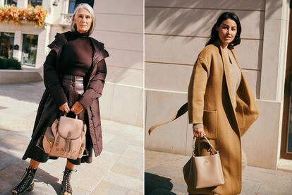 En la foto de la izquierda, total look de Adolfo Domínguez y mochila y zapatos de Bally. A la derecha, conjunto de punto de Sandro, abrigo de Bash y bolso de Coach. Disponibles en Las Rozas Village y La Roca Village.