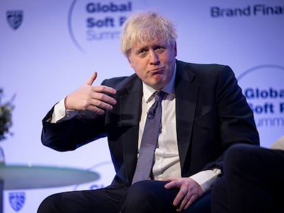 El ex primer ministro del Reino Unido, Boris Johnson, este jueves en Londres, durante su intervención en el congreso Global Soft Power.