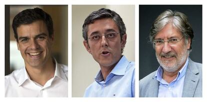 Los tres candidatos oficiales a secretario general del PSOE, Pedro Sánchez, Eduardo Madina y José Antonio Pérez Tapias. 