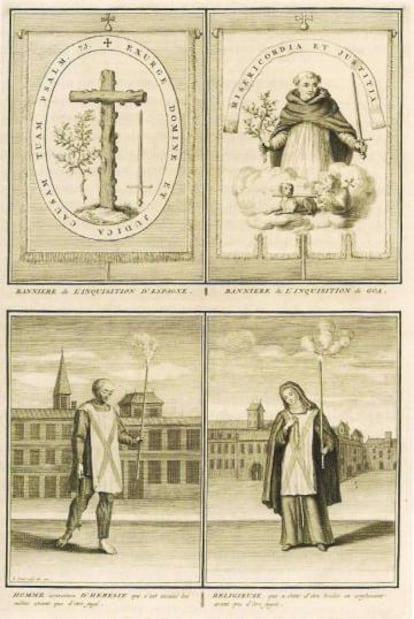 Escudos del Santo Oficio y sambenitos. Grabados del impresor Bernard Picart para el libro 'Ceremonies et coutumes religieuses de tous les peuples du monde'. Ámsterdam, 1723.