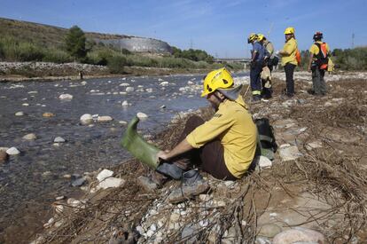 El equipo de búsqueda trabaja este domingo en el río Francolí. 