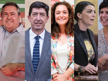 Los candidatos a la Junta de Andalucía: Juan Manuel Moreno (PP), Juan Espadas (PSOE), Juan Marín (Ciudadanos), Inmaculada Nieto (Por Andalucía), Macarena Olona (Vox) y Teresa Rodríguez (Adelante Andalucía).