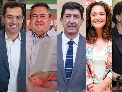 Desde la derecha, Juan Manuel Moreno (PP), Juan Espadas (PSOE), Juan Marín (Cs), Inmaculada Nieto (Por Andalucía), Macarena Olona (Vox) y Teresa Rodríguez (Adelante Andalucía).