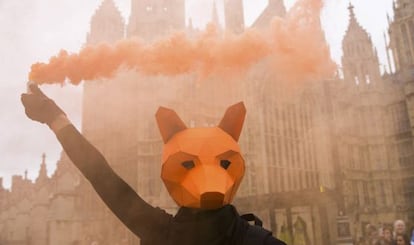 Un manifestante con m&aacute;scara de zorro, ante el Parlamento.