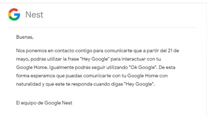 Mensaje de aviso de Google sobre los cambios en su asistente de voz.