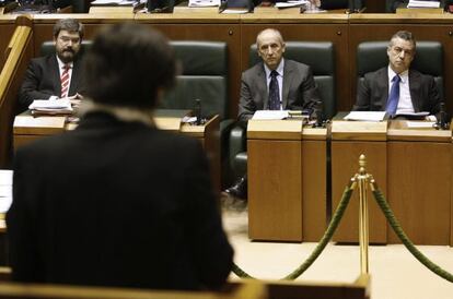 La portavoz de EH Bildu en el Parlamento vasco, Laura Mintegi (de espaldas) en una de sus intervenciones.