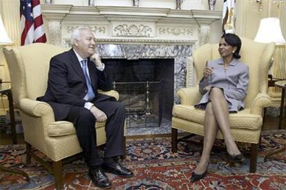 Moratinos y Rice, hoy en Washington.