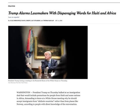 El subterfugio de The New York Times para titular la noticia del comentario de Trump sobre "países de mierda": "Palabras despectivas".