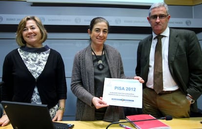 Cristina Uriarte, en el centro, durante la presentaci&oacute;n de los datos de PISA sobre Euskadi.