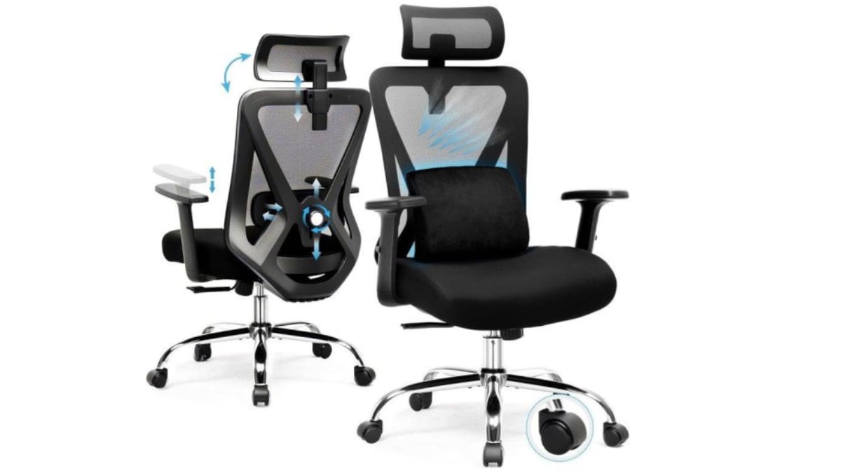 Silla ergonómica con reposacabezas y soporte lumbar.