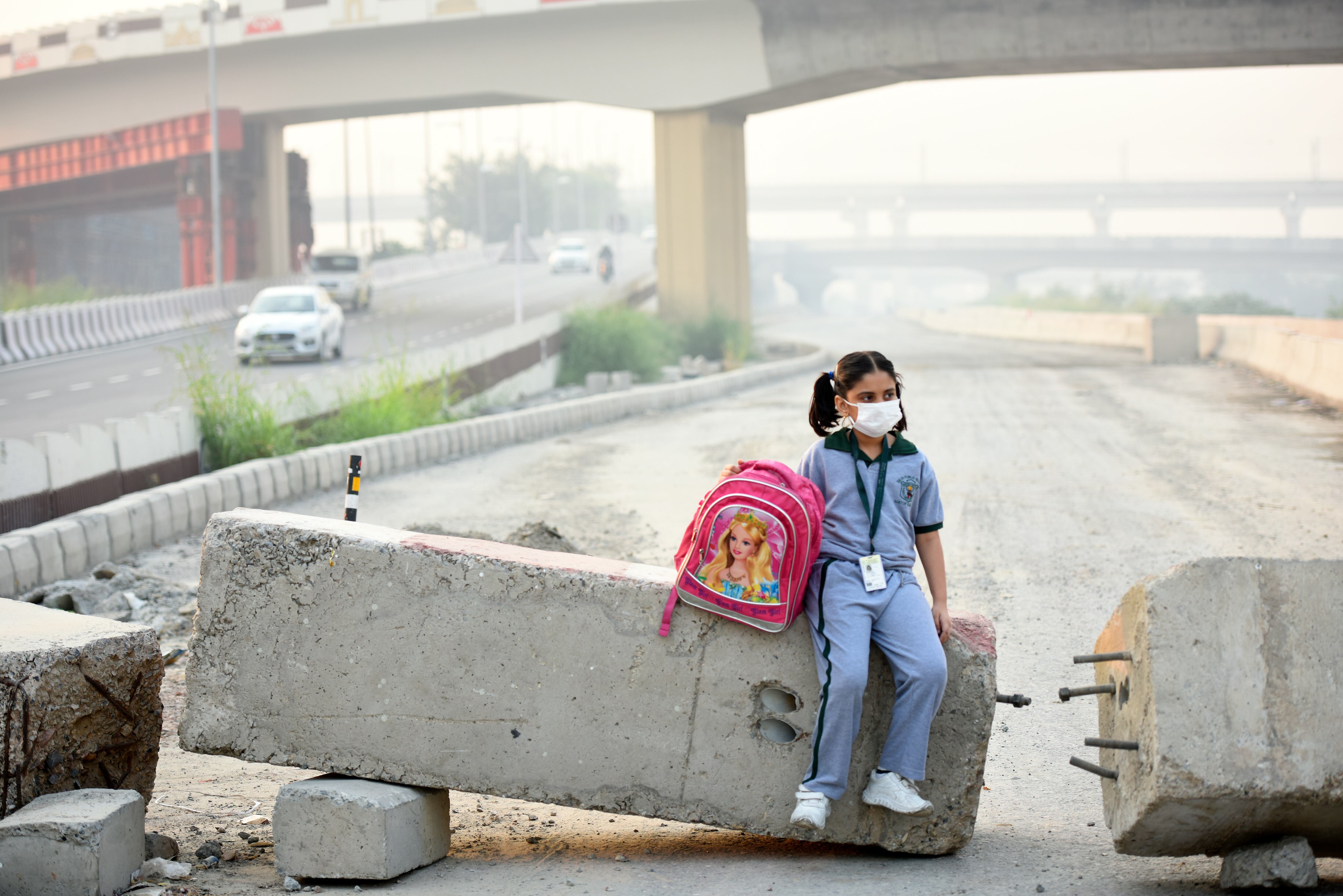 Una niña lleva una mascarilla anti polución en Nueva Delhi (India).