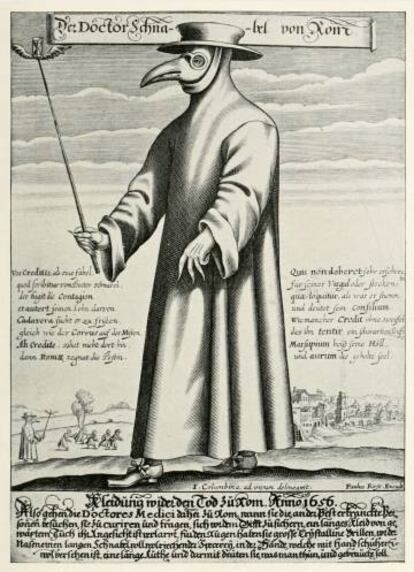 Grabado de Paul Fürst que representa a un médico de la peste negra (1656).