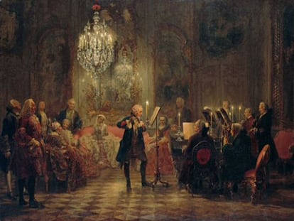 &#039;El concierto de flauta en Sanssouci&#039;, de Adolph Menzel (Berlin, Alte Nationalgalerie). Carl Philipp Emanuel Bach toca el clave junto al rey Federico el Grande, un consumado flautista, en presencia de Johann Joachim Quantz y Franz Benda.
