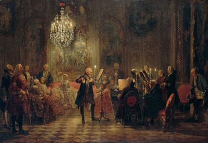 'O concerto de flauta em Sanssouci', de Adolph Menzel (Berlim, Alte Nationalgalerie). Carl Philipp Emanuel Bach toca a chave junto ao rei Federico o Grande, um consumado flautista, na presença de Johann Joachim Quantz y Franz Benda.