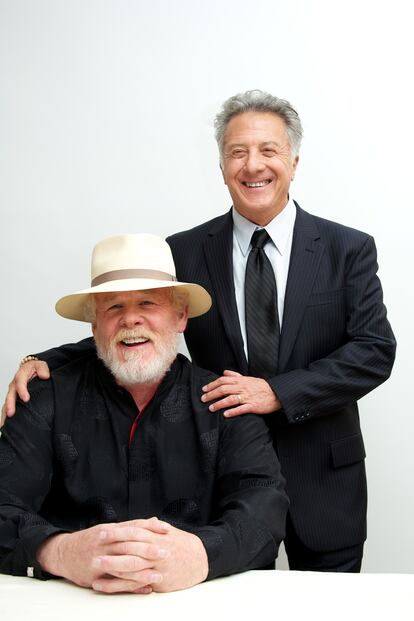 BEVERLY HILLS, CA - FEBRUARY 15: (NO TABLOIDS)  Nick Nolte and Dustin Hoffman at the "Luck" Press Conference at Four Seasons Hotel on February 15, 2012 in Beverly Hills, California.  (Photo by Vera Anderson/WireImage)