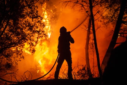 Un bombero trabajaba el 28 de julio en la extinción de un incendio forestal en Castrelo de Miño (Ourense).