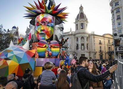 The Fallas fiestas in Valencia are filled with works made from materials such as cardboard and wood. Pictured outside Valencia’s City Hall Square is the main float by artist Okuda San Miguel.