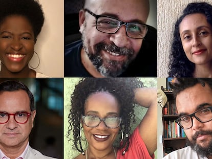 Olympio, o chefe da equipe de roteiristas afro-brasileiros (acima, ao centro) e Cuervo, diretor de VIS Américas (abaixo, à esquerda), com vários dos escritores.