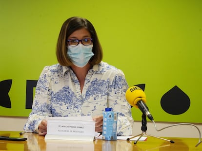 La alcaldesa de Móstoles, Noelia Posse, en la rueda de prensa de esta mañana en el Ayuntamiento.