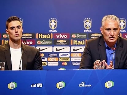 Matheus Bachi e Tite, em entrevista coletiva na CBF.