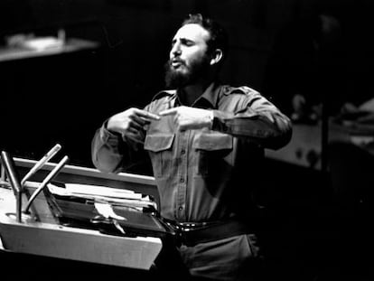 Fidel Castro durante su hist&oacute;rico discurso ante la ONU en 1960