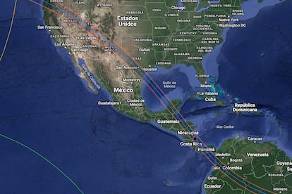 La franja muestra las regiones donde se apreciará el "anillo de fuego" del eclipse solar que ocurrirá el próximo 14 de octubre.