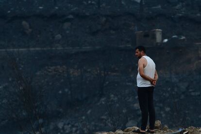 Un hombre observa los restos del incendio forestal en Bouira, Argelia, el lunes 24 de julio de 2023. 