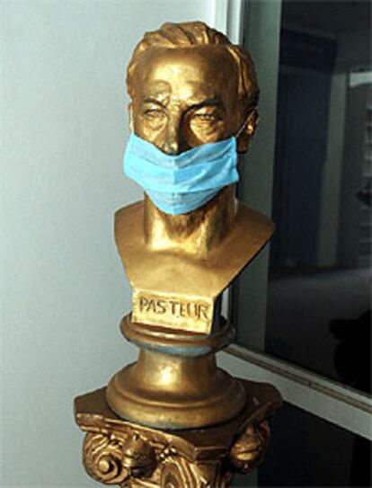 Un busto del químico Louis Pasteur, con una mascarilla, decora la puerta de un hospital de Hanoi.