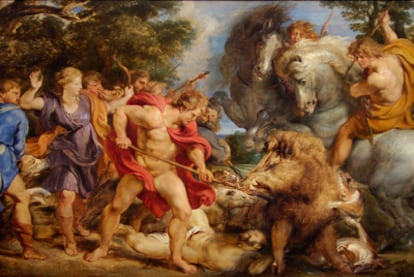 <i>La caza el jabalí de Caledonia</i> (1618), en una de las versiones que Rubens pintó.