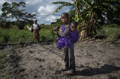 Unos niños de la aldea de Nacole, Mozambique, ayudan en los cultivos de su madre.