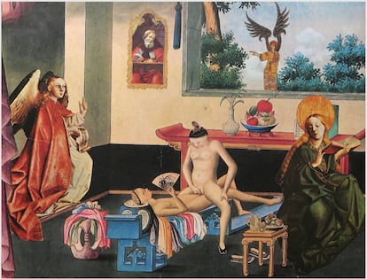 'Sin título', de la serie 'Relectura de la Biblia, 1986'. Collage de 'La anunciación' (Fra Angélico) e imagen erótica oriental.