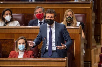 El presidente del PP, Pablo Casado, durante su intervención.