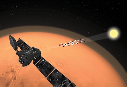 Recriação da mudança de orientação do NOMAD que permitiu a detecção do traço de oxigênio na atmosfera de Marte.