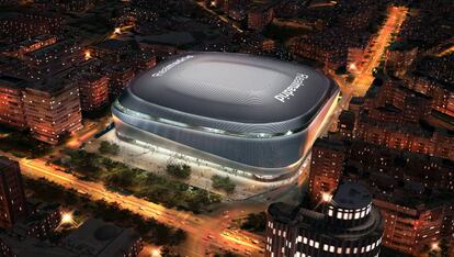 Recreaci&oacute;n del futuro estadio Santiago Bernab&eacute;u, en el Paseo de la Castellana de Madrid, con el proyecto de cubierta.