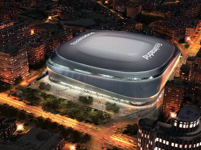 Recreaci&oacute;n del futuro estadio Santiago Bernab&eacute;u, en el Paseo de la Castellana de Madrid, con el proyecto de cubierta.