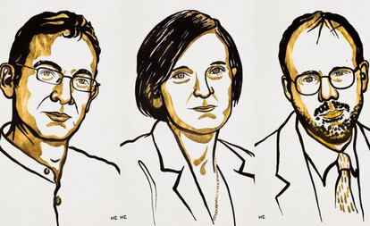 De esquerda a direita, retratos de Abhijit Banerjee, Esther Duflo e Michael Kremer, prêmios Nobel de Economia 2019.