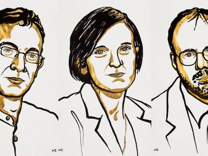 De esquerda a direita, retratos de Abhijit Banerjee, Esther Duflo e Michael Kremer, prêmios Nobel de Economia 2019.