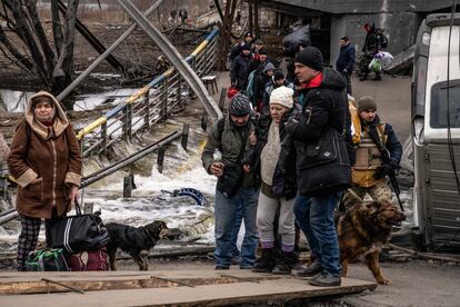 Cientos de sobrevivientes descienden por el puente buscando refugio en Lviv, Ucrania. 2022