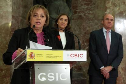 La nueva presidenta del Consejo Superior de Investigaciones Científicas (CSIC), Rosa Menéndez,durante su intervención en el acto de toma posesión de su cargo, al que ha acudido el ministro de Economía, Luis de Guindos, y la secretaria de Estado de I+D+i, Carmen Vela.