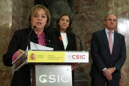 La nueva presidenta del Consejo Superior de Investigaciones Cient&iacute;ficas (CSIC), Rosa Men&eacute;ndez,durante su intervenci&oacute;n en el acto de toma posesi&oacute;n de su cargo, al que ha acudido el ministro de Econom&iacute;a, Luis de Guindos, y la secretaria de Estado de I+D+i, Carmen Vela. 