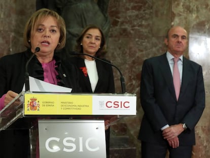 La nueva presidenta del Consejo Superior de Investigaciones Cient&iacute;ficas (CSIC), Rosa Men&eacute;ndez,durante su intervenci&oacute;n en el acto de toma posesi&oacute;n de su cargo, al que ha acudido el ministro de Econom&iacute;a, Luis de Guindos, y la secretaria de Estado de I+D+i, Carmen Vela. 