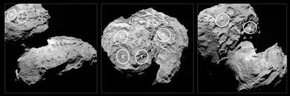 Fotografía del cometa 67P/Churyumov-Gerasimenko con la ubicación de los cinco lugares preseleccionados (A, B, C, I y J) en la superficie para el aterrizaje de la sonda Philae.