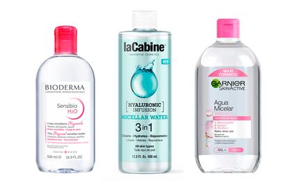 De izquierda a derecha; Sensibio Agua Micelar de Bioderma (12,90€ en Amazon), Micellar Water de laCabine (8,95€ en laCabine) y Skin Active Agua Micelar de Garnier (6,24€ en Amazon).